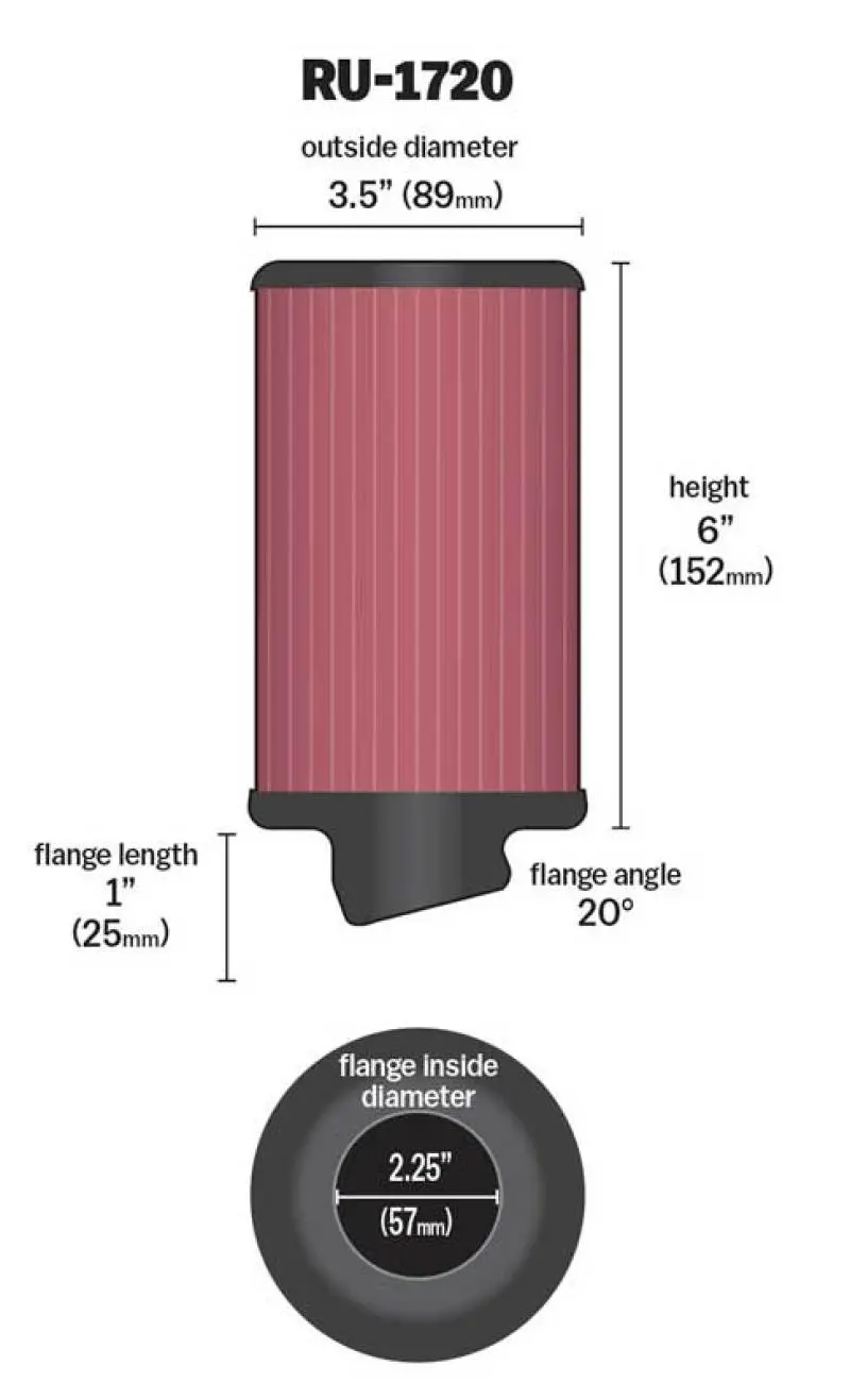 K&N Filter Universal Rubber Round Air Filter 20 Deg Flange Angle 2.25In Flange Id X 3.5In Od X 6In H 1