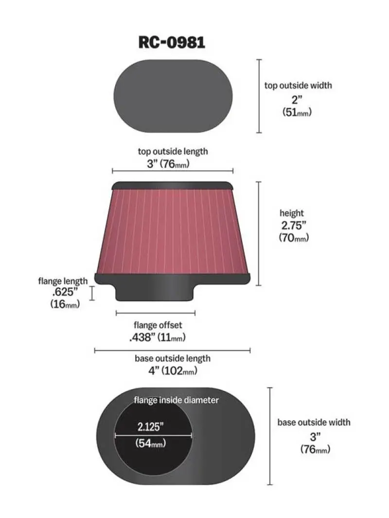 K&N Uni Chrome Oval Tapered Filter 2.125In Flgid X 4Inb Ol X 3Inb Ow X 3Int Ol X 2Int Ow X 2.75In H 1