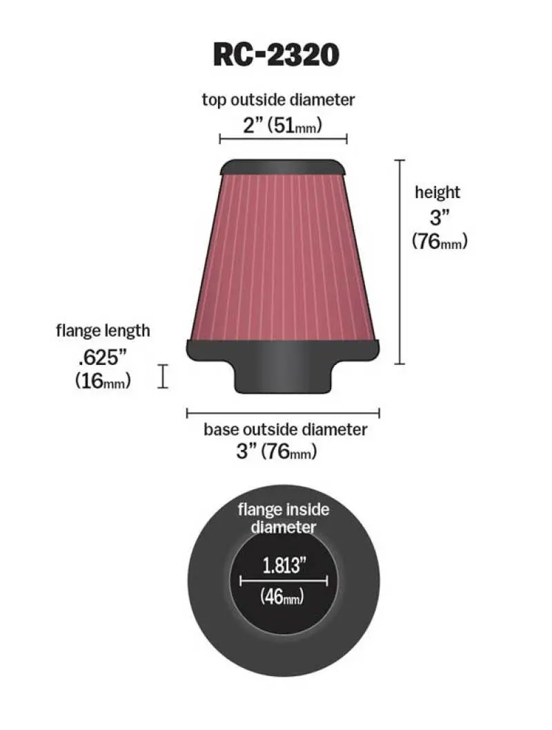 K&N Universal Air Filter 1-13/16In Flg / 3In Bottom / 2In Top / 3In Height 2