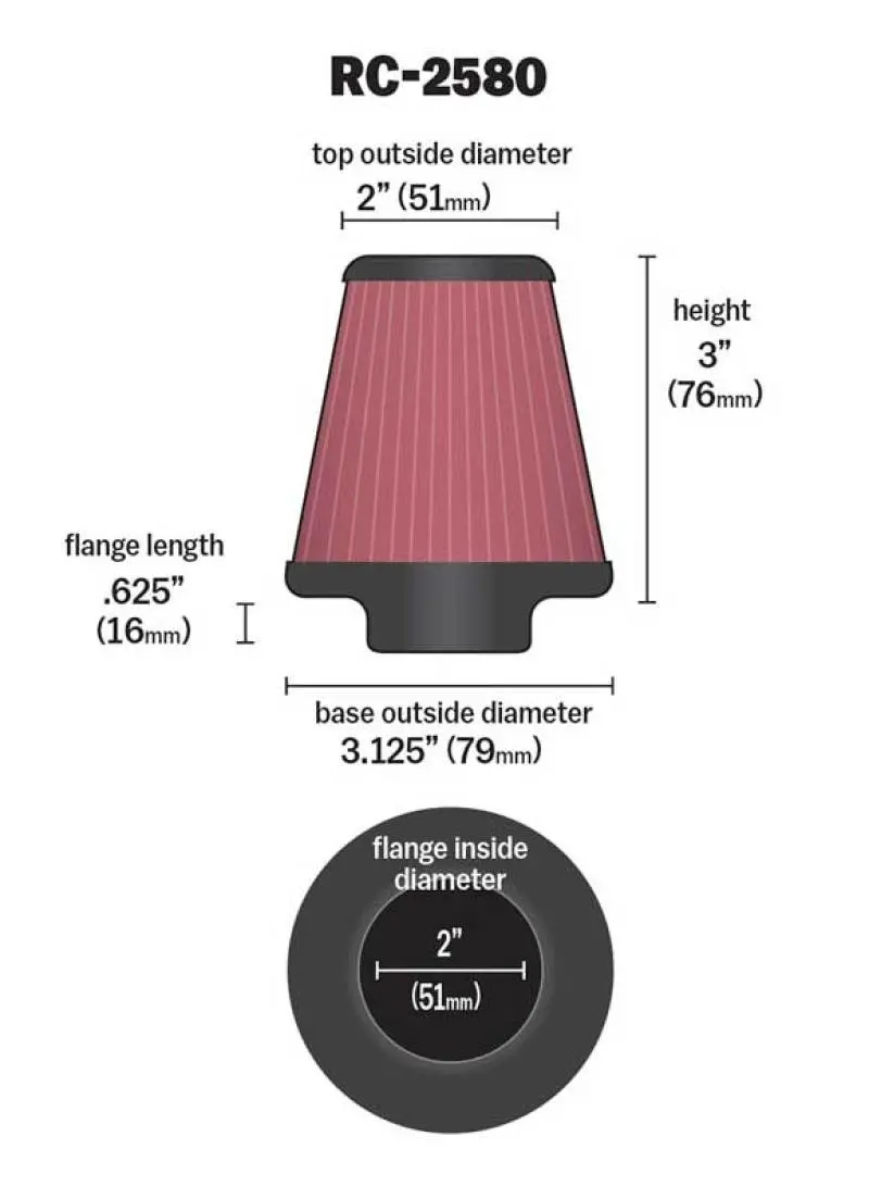 K&N Universal Clamp-On Air Filter 2In Flg / 3-1/8In B / 2In T / 3In L 2