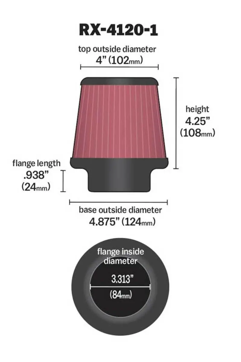 K&N Universal X-Stream Clamp-On Air Filter 3.313In Flg Id/4.875In Base Od/4In Top Od/4.25In H 1