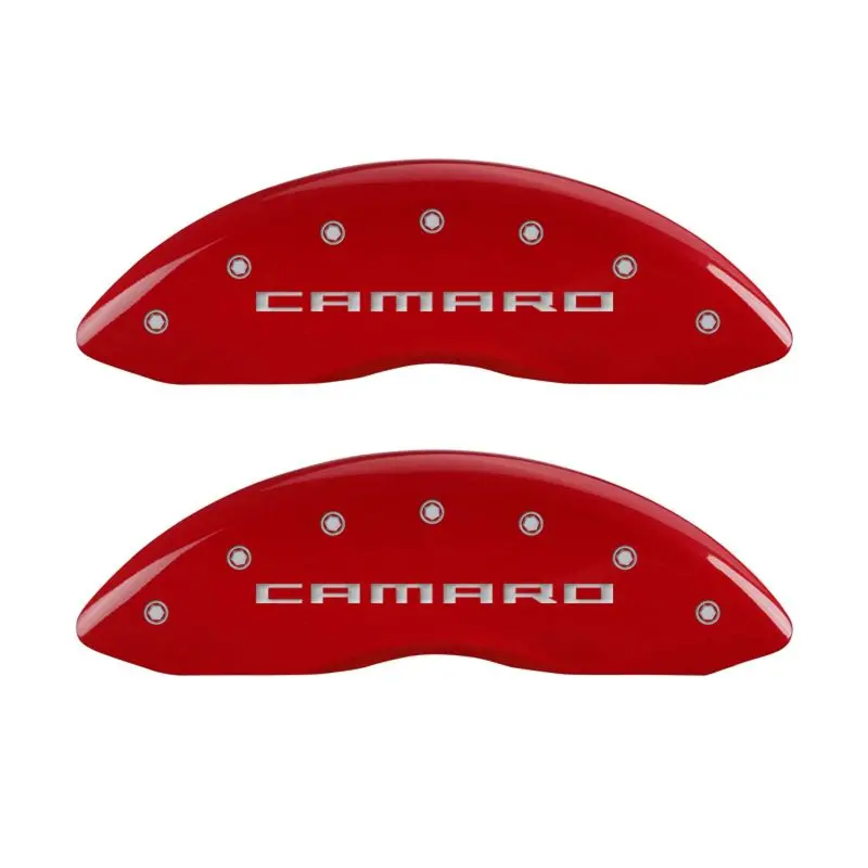 Mgp Engraved 4-Piston Caliper Covers For Chevrolet Camaro Gen 5 – Front & Rear, Red Finish With Silver Accent 1