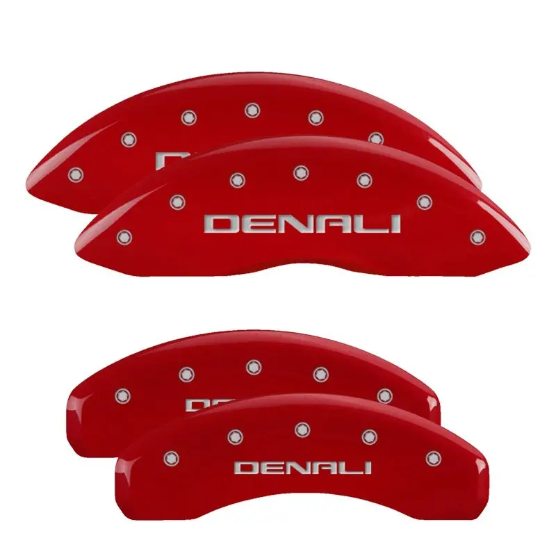 Mgp Engraved 4-Piston Caliper Covers — Front & Rear, Gm-Style Design With Red Finish And Silver Chrome Accents 1
