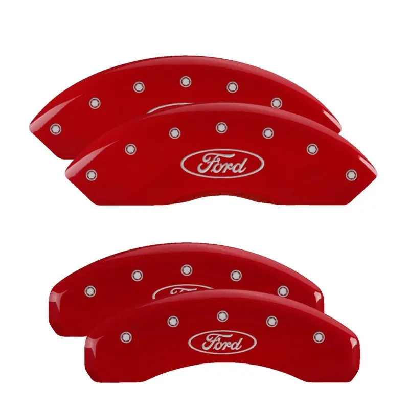 Mgp Engraved 4-Piston Caliper Covers — Front & Rear, Oval Ford Logo Design With Red Finish And Silver Chrome Trim 1